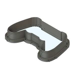 Peut inclure: Modèle 3D gris d'une piscine en forme de manette de jeu vidéo. La piscine a une extrémité peu profonde et une extrémité plus profonde.