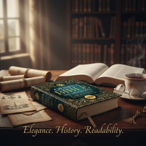 Puede incluir: Una imagen detallada de una Biblia de Ginebra con una cubierta verde azulado y detalles dorados, libros abiertos, rollos y una taza de t&eacute; sobre una mesa de madera. El texto "Elegance. History. Readability." est&aacute; en la parte inferior. El fondo incluye una estanter&iacute;a y una ventana.