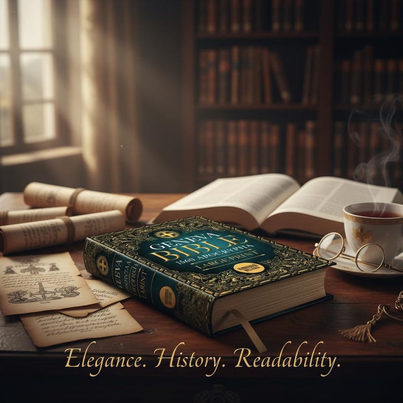 Puede incluir: Una imagen detallada de una Biblia de Ginebra con una cubierta verde azulado y detalles dorados, libros abiertos, rollos y una taza de t&eacute; sobre una mesa de madera. El texto "Elegance. History. Readability." est&aacute; en la parte inferior. El fondo incluye una estanter&iacute;a y una ventana.