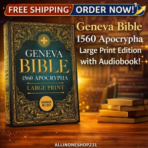 Puede incluir: Una Biblia de Ginebra de tapa dura, 1560 Ap&oacute;crifa, edici&oacute;n de letra grande con audiolibro. El libro tiene una cubierta verde oscuro con letras doradas y dise&ntilde;os ornamentados. El texto "Geneva Bible" se muestra de forma destacada. La imagen tambi&eacute;n incluye una pila de libros.