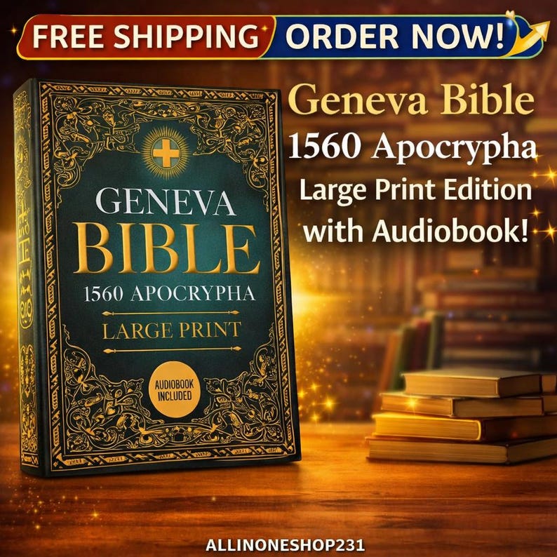 Puede incluir: Una Biblia de Ginebra de tapa dura, 1560 Ap&oacute;crifa, edici&oacute;n de letra grande con audiolibro. El libro tiene una cubierta verde oscuro con letras doradas y dise&ntilde;os ornamentados. El texto "Geneva Bible" se muestra de forma destacada. La imagen tambi&eacute;n incluye una pila de libros.