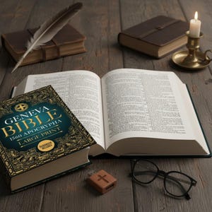 Puede incluir: Una Biblia de Ginebra abierta con el texto "Geneva Bible 1560 Apocrypha Large Print" se muestra en una superficie de madera, junto a un libro cerrado, una pluma, una vela y una unidad USB de madera con una cruz.