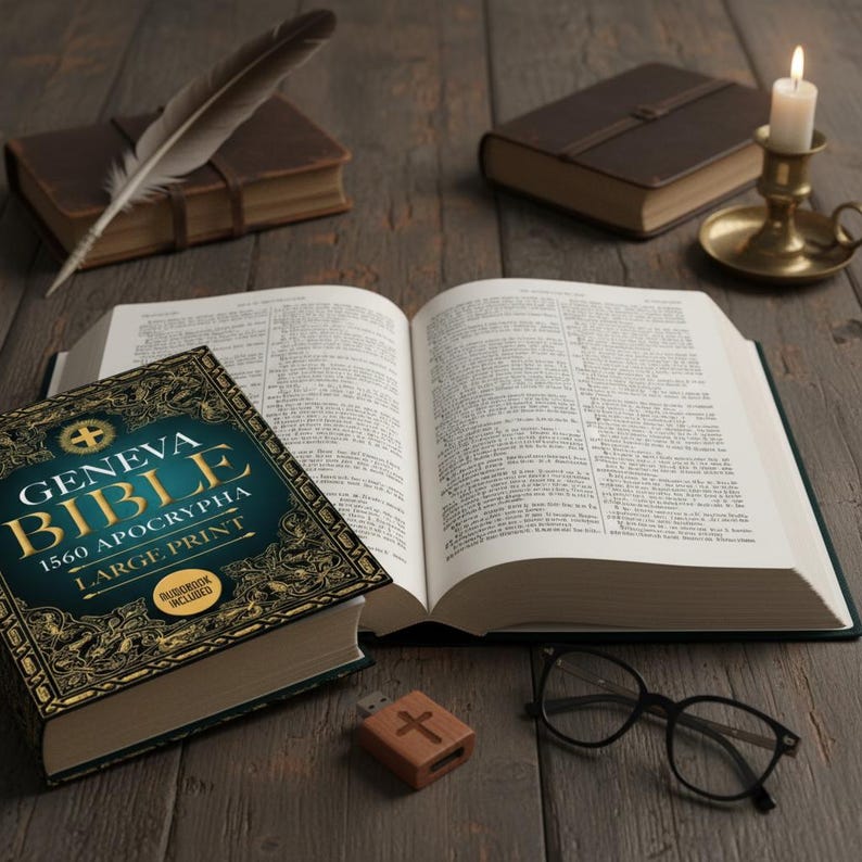 Puede incluir: Una Biblia de Ginebra abierta con el texto "Geneva Bible 1560 Apocrypha Large Print" se muestra en una superficie de madera, junto a un libro cerrado, una pluma, una vela y una unidad USB de madera con una cruz.