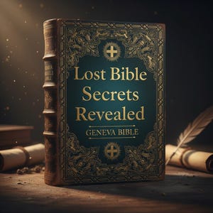 Puede incluir: Un libro de tapa dura titulado "Lost Bible Secrets Revealed" con letras doradas y un s&iacute;mbolo de cruz. El libro tiene una cubierta de color verde oscuro con dise&ntilde;os dorados ornamentados y una lomo de cuero marr&oacute;n. Una pluma y un pergamino est&aacute;n en el fondo.