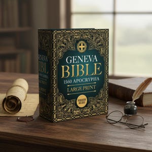 Puede incluir: Una Biblia de Ginebra de tapa dura, con la inscripci&oacute;n "GENEVA BIBLE 1560 APOCRYPHA LARGE PRINT" en letras doradas sobre un fondo verde azulado. Sobre una superficie de madera, con un rollo enrollado, tintero y gafas.