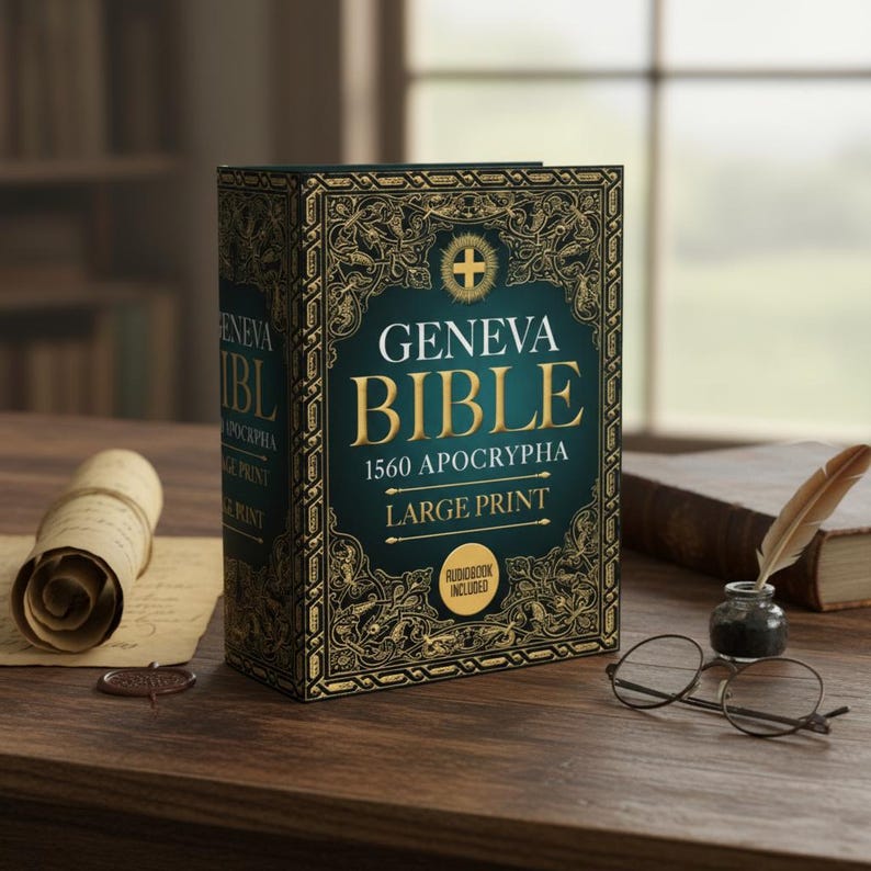 Puede incluir: Una Biblia de Ginebra de tapa dura, con la inscripci&oacute;n "GENEVA BIBLE 1560 APOCRYPHA LARGE PRINT" en letras doradas sobre un fondo verde azulado. Sobre una superficie de madera, con un rollo enrollado, tintero y gafas.