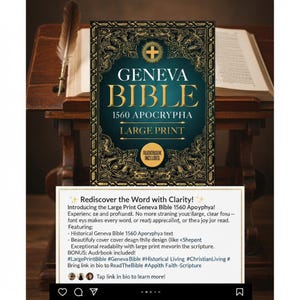 Puede incluir: Una Biblia de Ginebra de tapa dura con letras doradas y un emblema de cruz. La portada dice "GENEVA BIBLE 1560 APOCRYPHA LARGE PRINT". Un libro abierto y una pluma se encuentran en el fondo. El texto "AUDIOBOOK INCLUDED" tambi&eacute;n es visible.