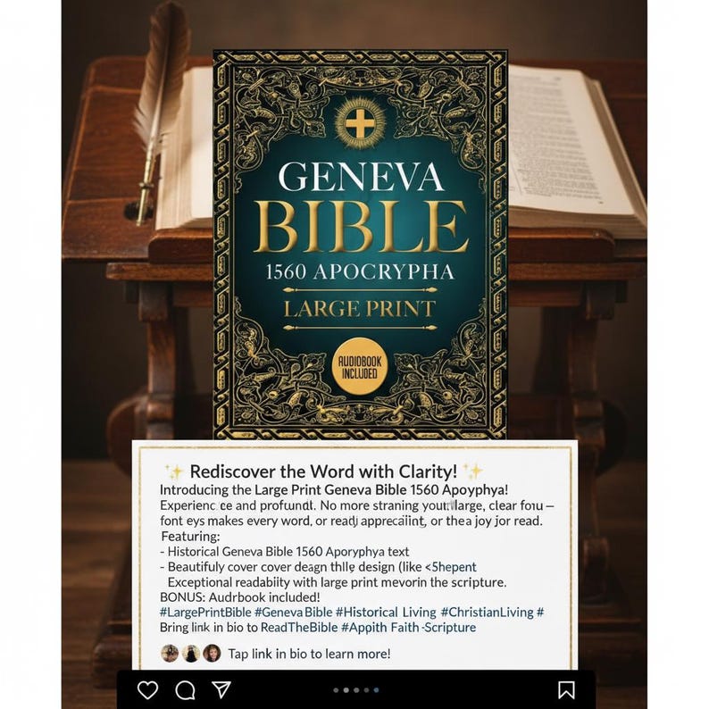 Puede incluir: Una Biblia de Ginebra de tapa dura con letras doradas y un emblema de cruz. La portada dice "GENEVA BIBLE 1560 APOCRYPHA LARGE PRINT". Un libro abierto y una pluma se encuentran en el fondo. El texto "AUDIOBOOK INCLUDED" tambi&eacute;n es visible.