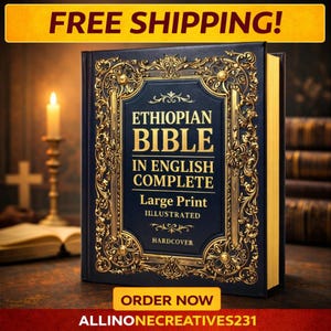 May include: A hardcover Ethiopian Bible in English, complete with large print and illustrations. The book has a dark blue cover with gold ornate detailing and the text "Ethiopian Bible" in gold lettering. The image also includes a lit candle and a cross.