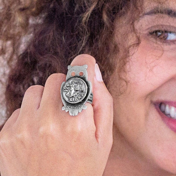 Coin Ring With The Libra Coin Medallion On Owl Libra Ring, Zodiac Ring By Noa Tam coin jewelry