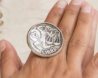 Libra Coin Ring, Chunky Ring,  Horoscope Ring, Astrology Ring, Birthday Gift, Libra Zodiac, Silver Signet Ring, Libra Jewelry