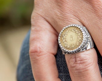 Sterling Silver Swiss Coin Ring: Vintage Men's Jewelry