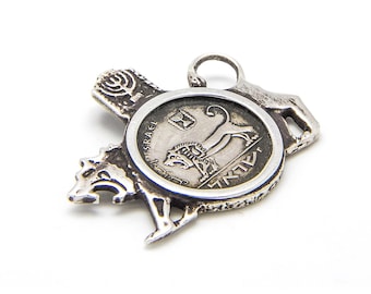 Lion coin pendent with the half Sheqel  coin of Israel - Coin Collection - Statement Necklace- ooak piece