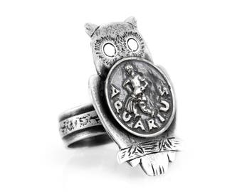 Sterling Silver Aquarius Owl Ring: Zodiac Coin Medallion