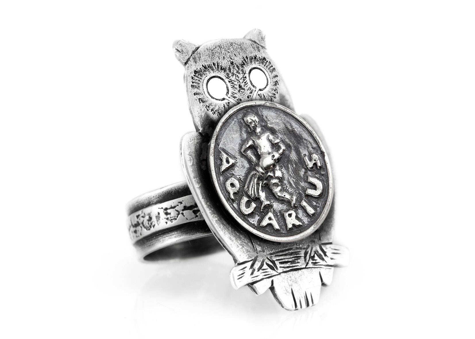 Coin ring with the Aquarius coin medallion on owl zodiac jewelry Aquarius ring