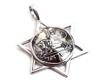 Silver Israel Lion Of David Pendant and Necklace, Courage Sacred, Star Of David Necklace, Israeli Jewelry, Jewish Gift, Israeli Coin Jewelry