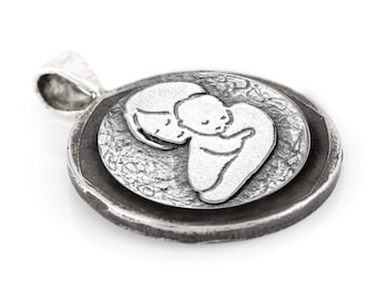 Mother and Child Sterling Silver Coin Pendant: Buffalo Nickel Medallion