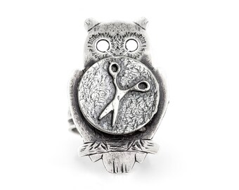 Sterling Silver Owl Ring: Scissors Coin Medallion, Wise Jewelry