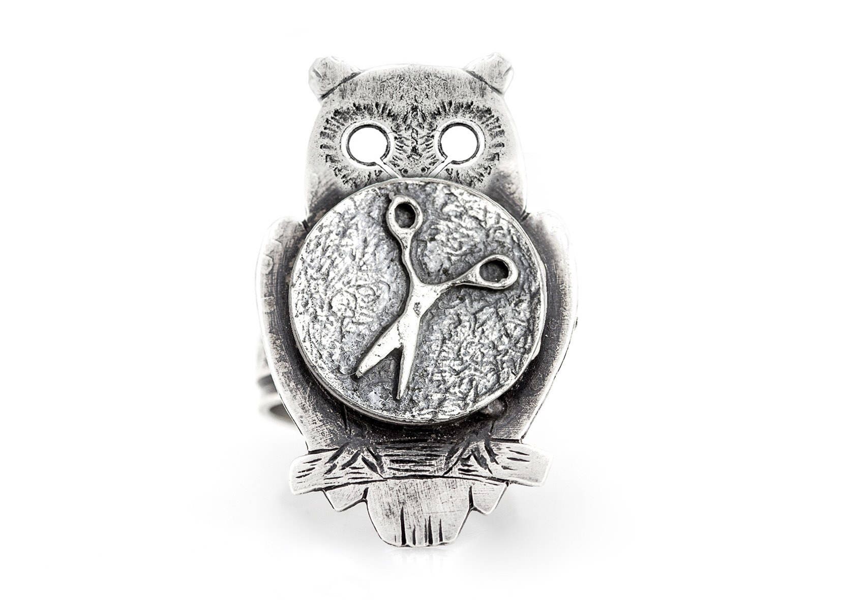 Coin ring with the Scissors coin medallion on owl Noa Tam coin jewelry