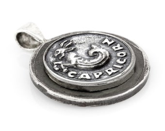 Sterling Silver Capricorn Necklace: Zodiac Coin Pendant