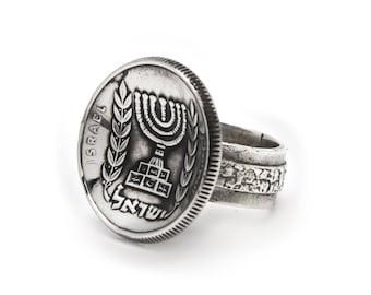 Menorah Coin Ring: Handmade Sterling Silver Israeli 1/2 Pound
