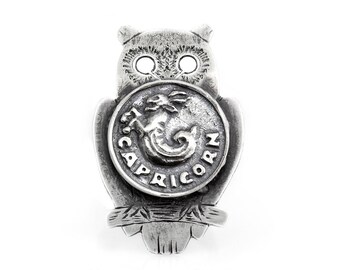 Sterling Silver Capricorn Owl Ring: Chunky Zodiac Jewelry