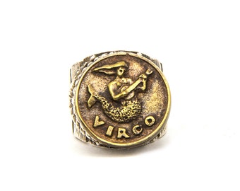 Virgo Coin Ring, Chunky Ring, Horoscope Ring, Astrology Ring, Birthday Gift, Virgo Zodiac Ring, Silver Signet Ring, Virgo Jewelry