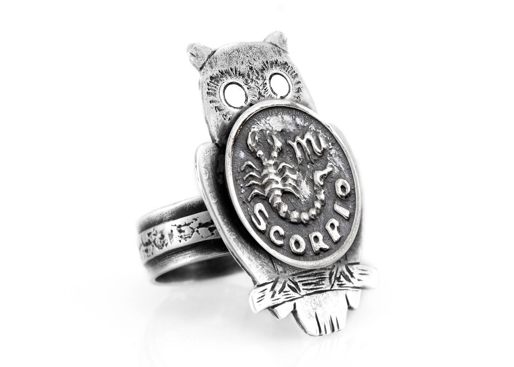 Sterling Silver Scorpio Owl Ring: Zodiac Coin Medallion