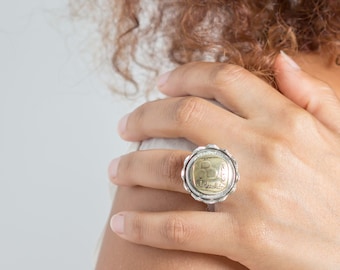 Handmade Sterling Silver Israeli Coin Ring: Pomegranate Boho Jewelry