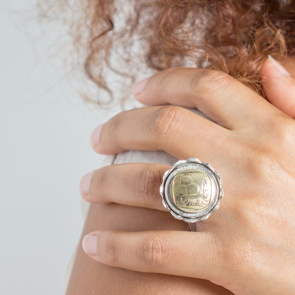 Steeling silver with the old 5 Agorot coin of Israel-handmae coun ring-one of a kind coin ring-Noa Tam voin jewelry-Ooak piece-boho stayle