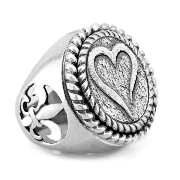 coin ring with the Open heart    medallion on fleur de lis ring Gift for her heart Jewelry heart ring birthday ring coin jewelry