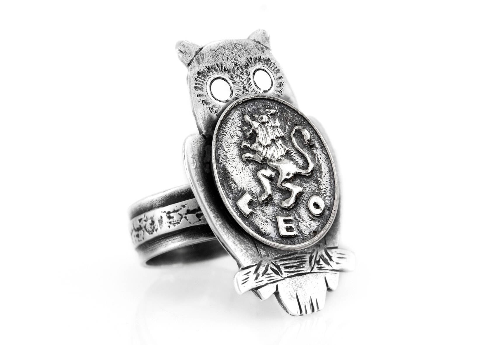 Sterling Silver Leo Medallion Owl Ring: Zodiac Jewelry