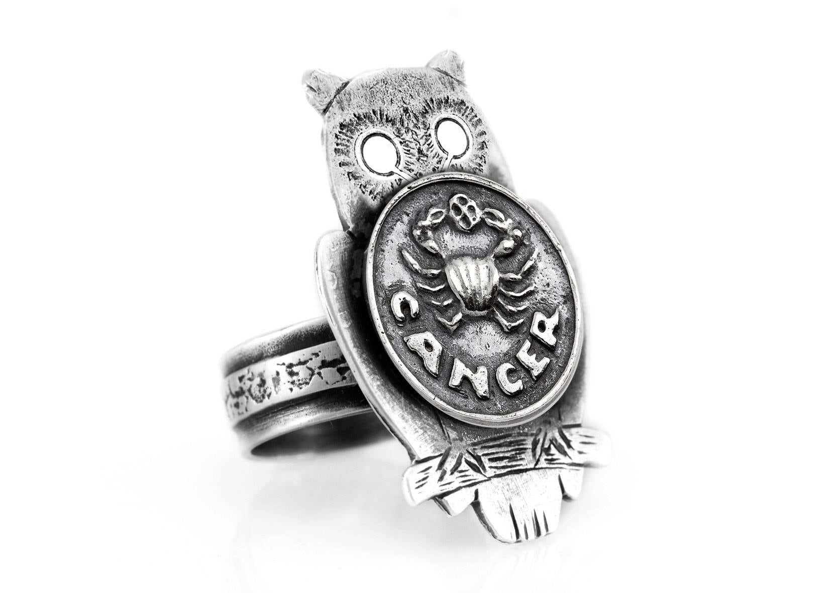 Sterling Silver Cancer Zodiac Owl Ring - Noa Tam Coin Jewelry