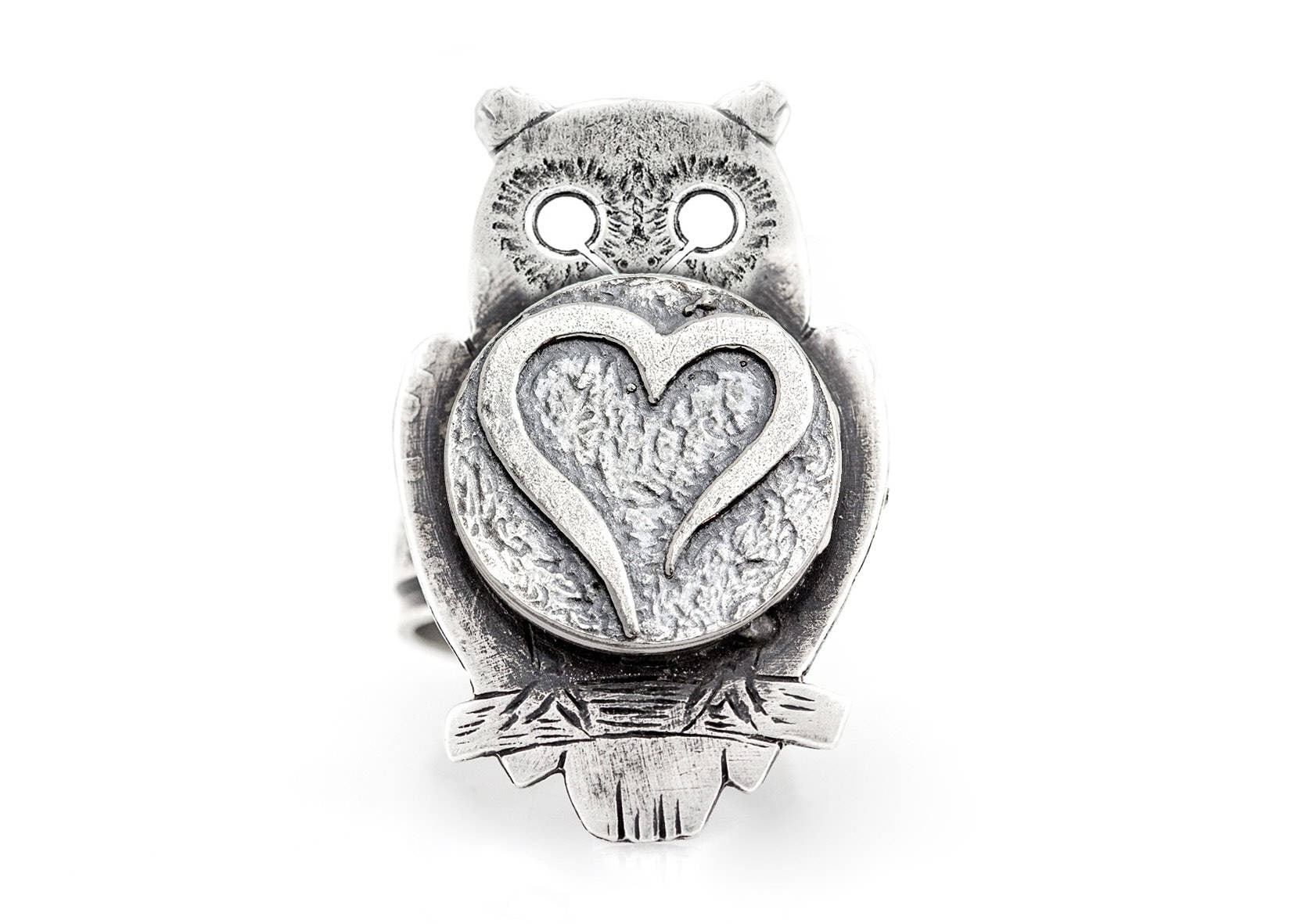 Sterling Silver Owl Ring: Open Heart Medallion, Wise Jewelry