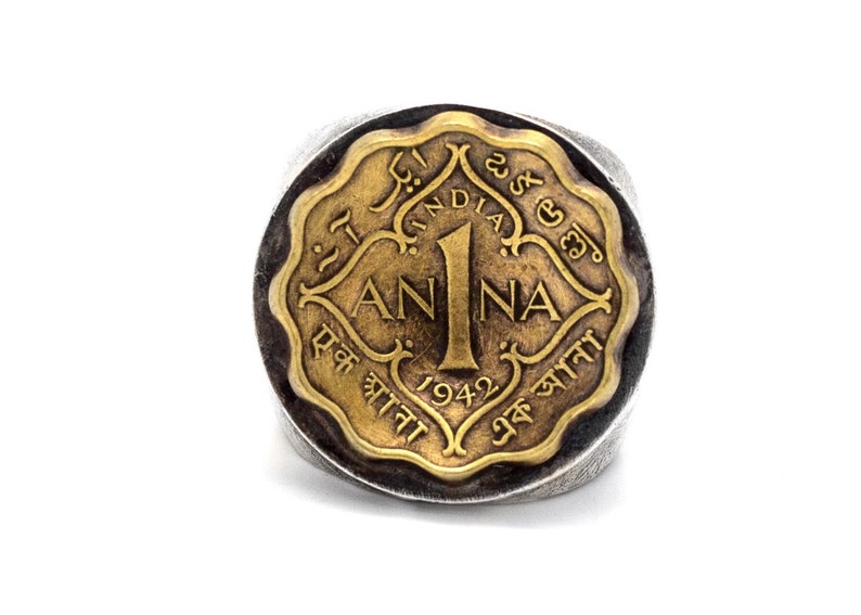 Coin ring with the 1 Anna coin of British India handmade one of a kind -sterling silver coin ring ooak piece