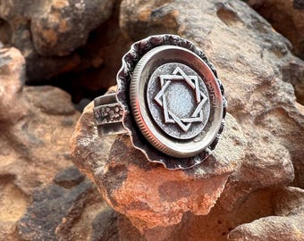 Handmade Star of Abraham Ring with Israeli half Lira coin with The Menorah Symbol Size 7 Sterling Silver