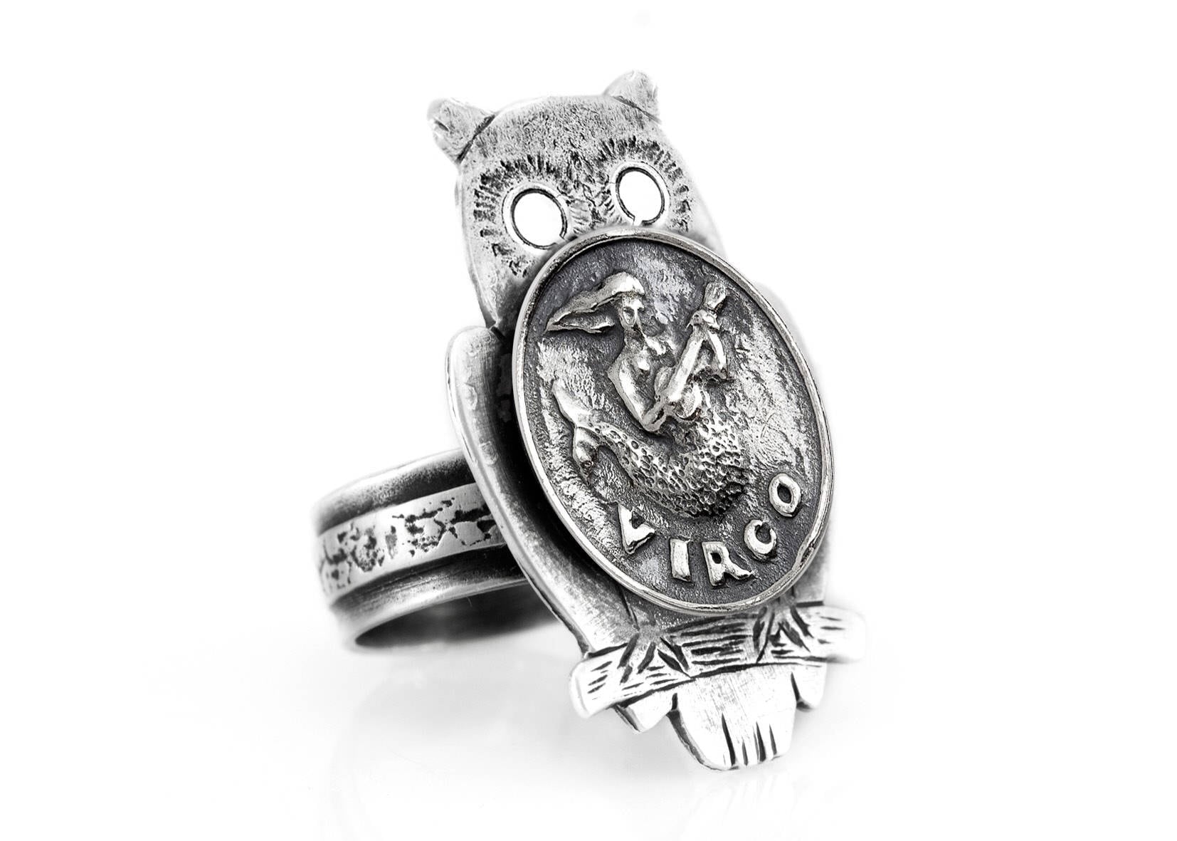 Sterling Silver Virgo Owl Ring: Zodiac Coin Medallion Jewelry