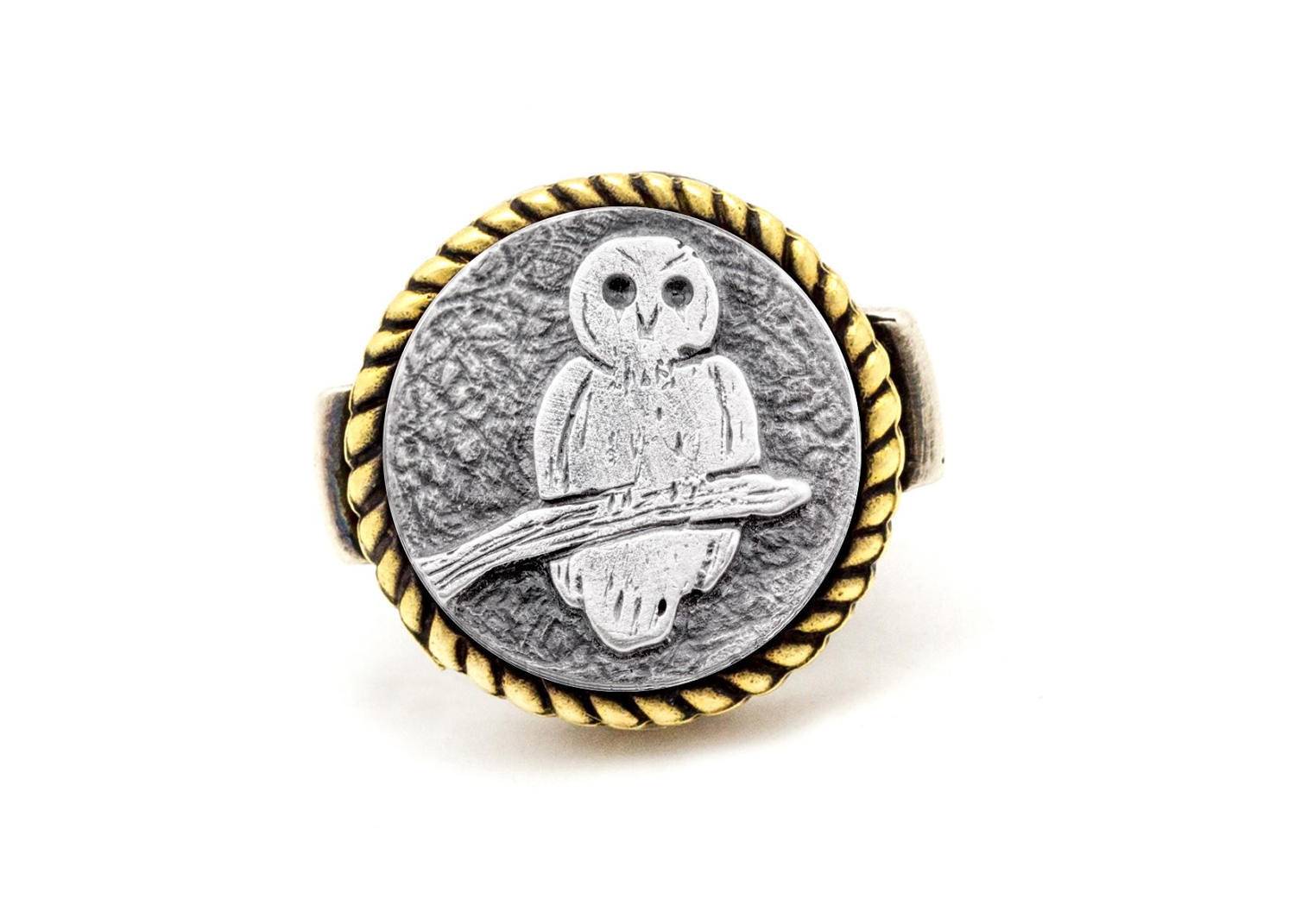 Coin ring with the Owl coin medallion Noa Tam coin jewelry owl ring