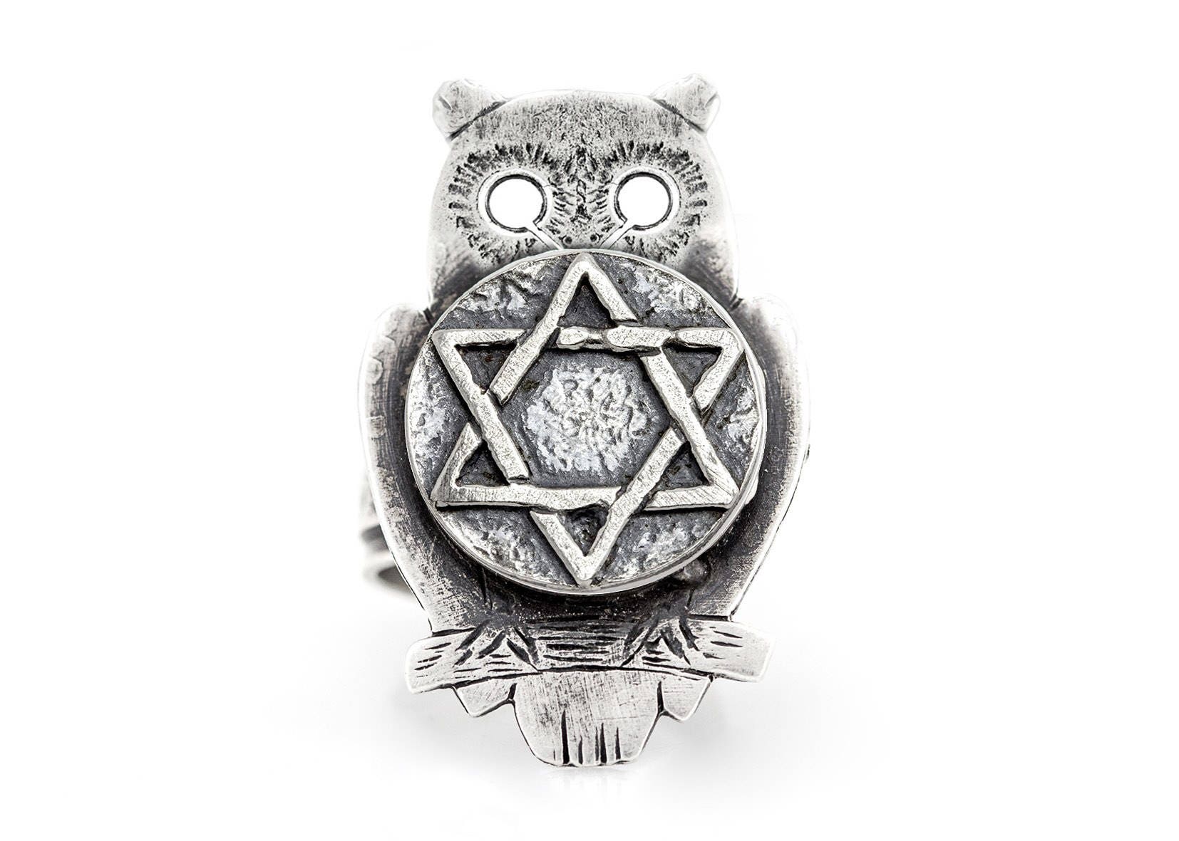 Sterling Silver Owl Ring: Star of David Coin Medallion