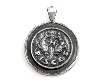 Pisces medallion on old 10 Sheqel coin of Israel -Zodiac jewelry - Handmade jewelry