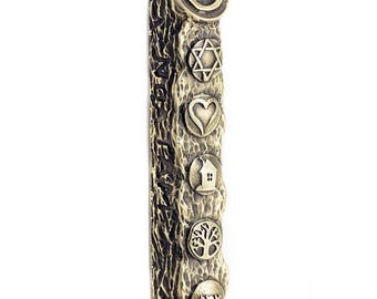 Bronze Plated Mezuzah with Blessing Symbols: Jewish House Gift