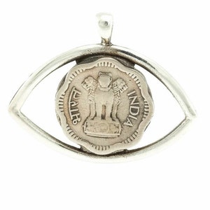 Power Insight Necklace, lion jewelery, eye, coin jewelry, paise, sterling silver, india , energy jewelry, one of a kind, Indian  coin, gift