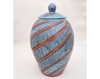 Large Jar with Lid, Turquoise Pottery Carved Giant Ginger Jar