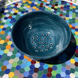 Handmade Ceramic Fruit Bowl, Berry Bowl, Colander Fruit Bowl with Plate - Teal Glazed Pottery Gift, Handmade, Terracotta, Ceramic Bowl