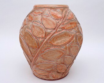 Handmade Pottery Vase, Orange, Spherical Ceramic Wide Flower Vase, Carved Leaf Design