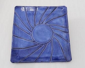 Passover Matzah Plate,  Blue Ceramic Hand Carved Modern Design