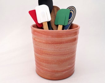 Pottery Utensil Holder, Orange, Tall, Wide Utensil Crock, Large Tangerine Ceramic Terracotta Handmade Pottery Kitchen Caddy