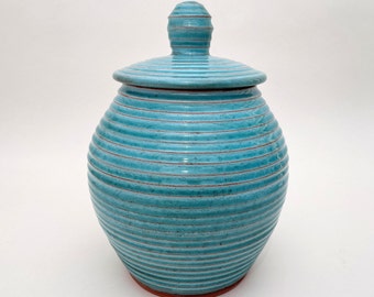 Turquoise Jar with Lid, Round Spherical Ceramic Wide Mouthed Carved Lidded Jar