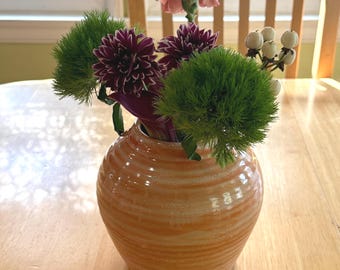 Handmade Pottery Vase, Orange 6.5 inches tall, Spherical Ceramic Wide Flower Vase