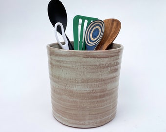 Large Utensil Crock, Brown Wide Beige Utensil Holder, Kitchen Caddy, Functional Pottery Gift